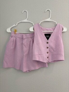 Zara Pastel Pink/Purple Button Vest & High-Waist Shorts Set (size XS)